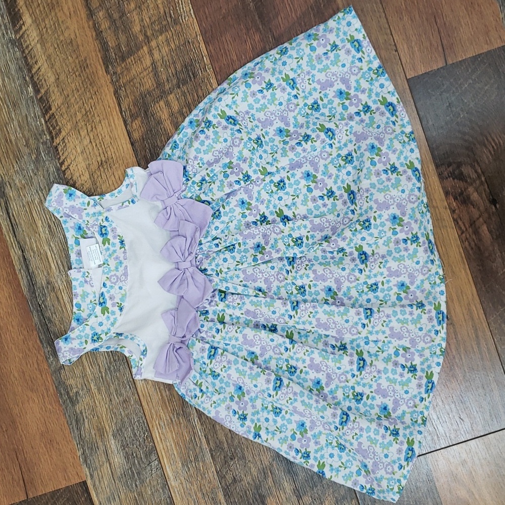 Bon Bebe Blue and Purple Floral Sleeveless Dress with Bows, Size 6-9 Months
